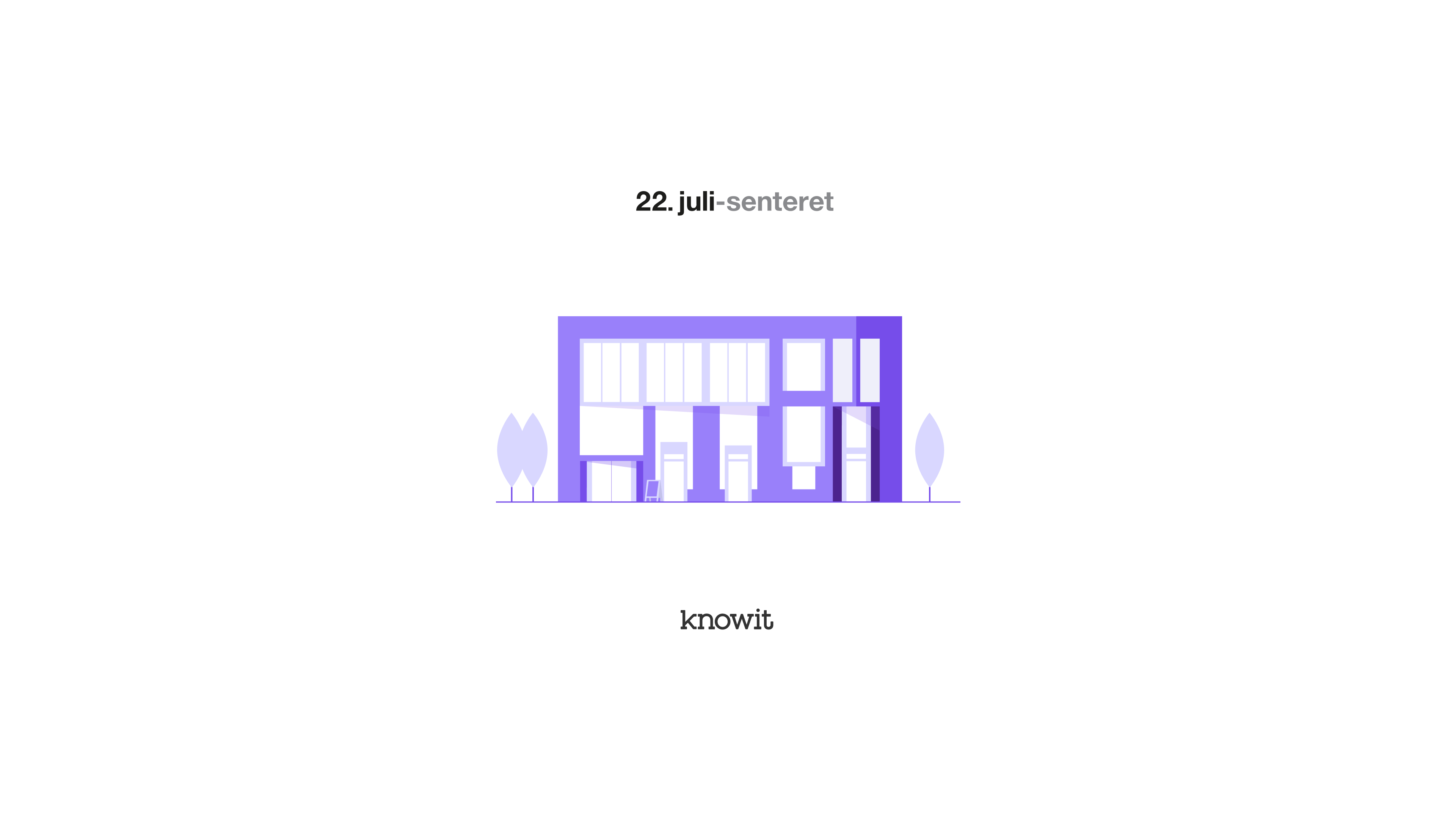 En illustrasjon av 22. juli-senteret i lillatoner. Logoen til 22. juli-senteret og Knowit står over og under illustrasjonen.