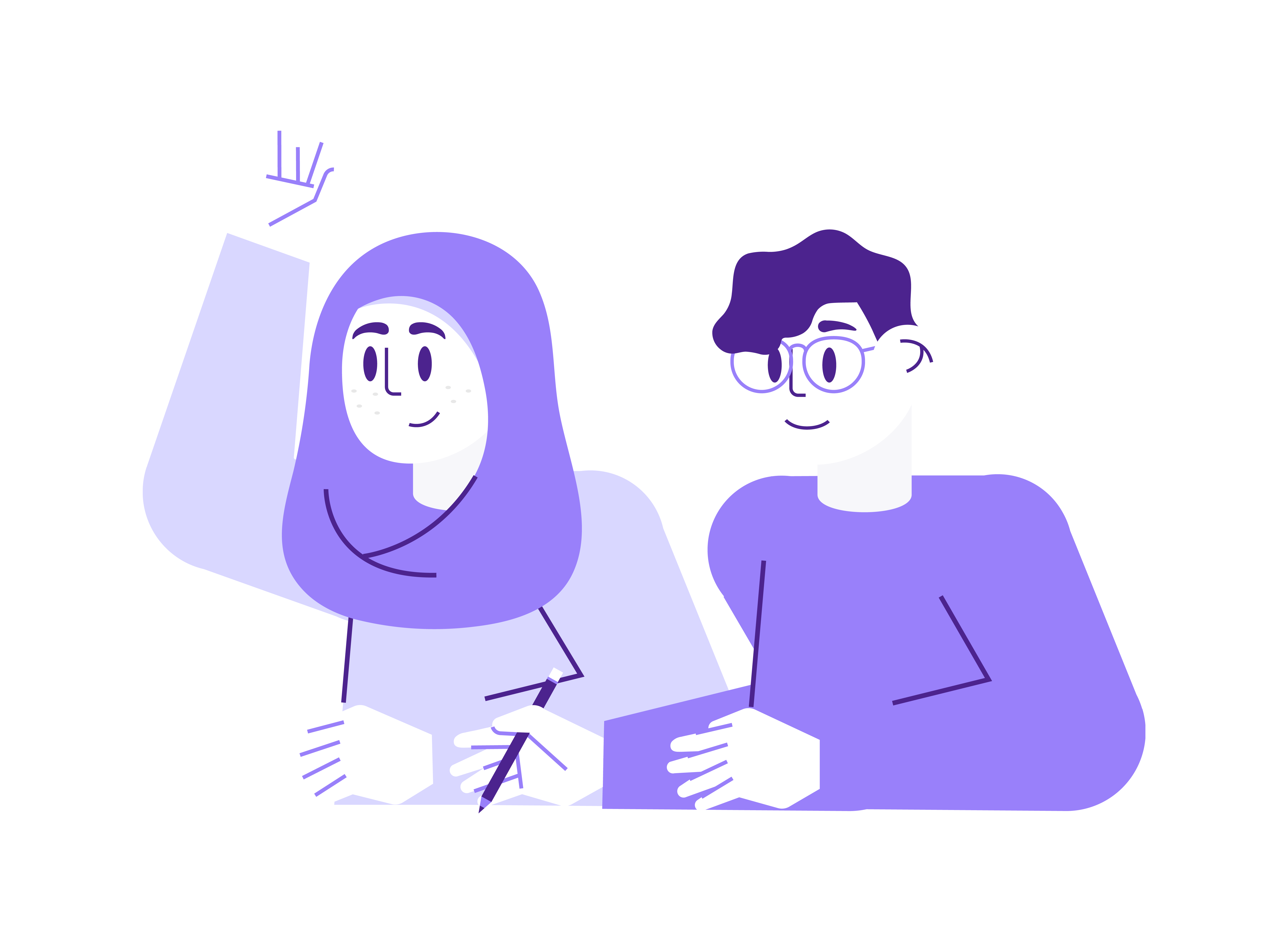 Student with raised hand. Student with pencil in hand. Both with purple color.