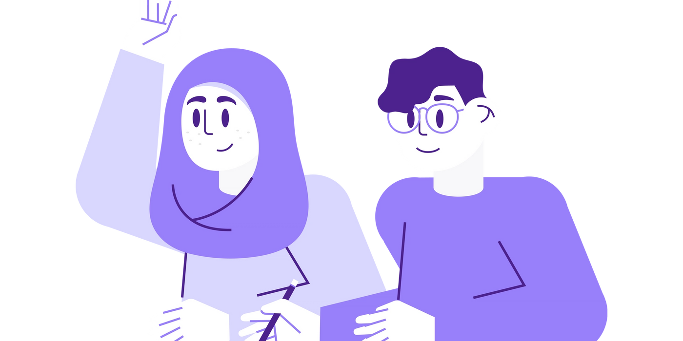 Student with raised hand. Student with pencil in hand. Both with purple color.