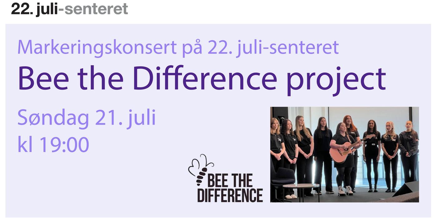 An Event Poster with a Photo of a group of people singing, and one playing guitar, and the Text: Commemoration Concert at the July 22nd Center, Bee the Difference project, Sunday, July 21st at 7:00 PM