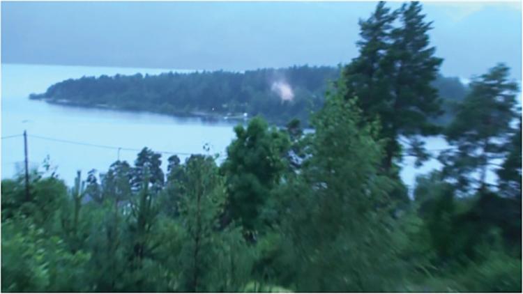 Uskarpt stillbilde fra filmopptak. I forgrunnen grønne trær ned mot innsjø, i det fjerne en øy dekket av skog. Regn.