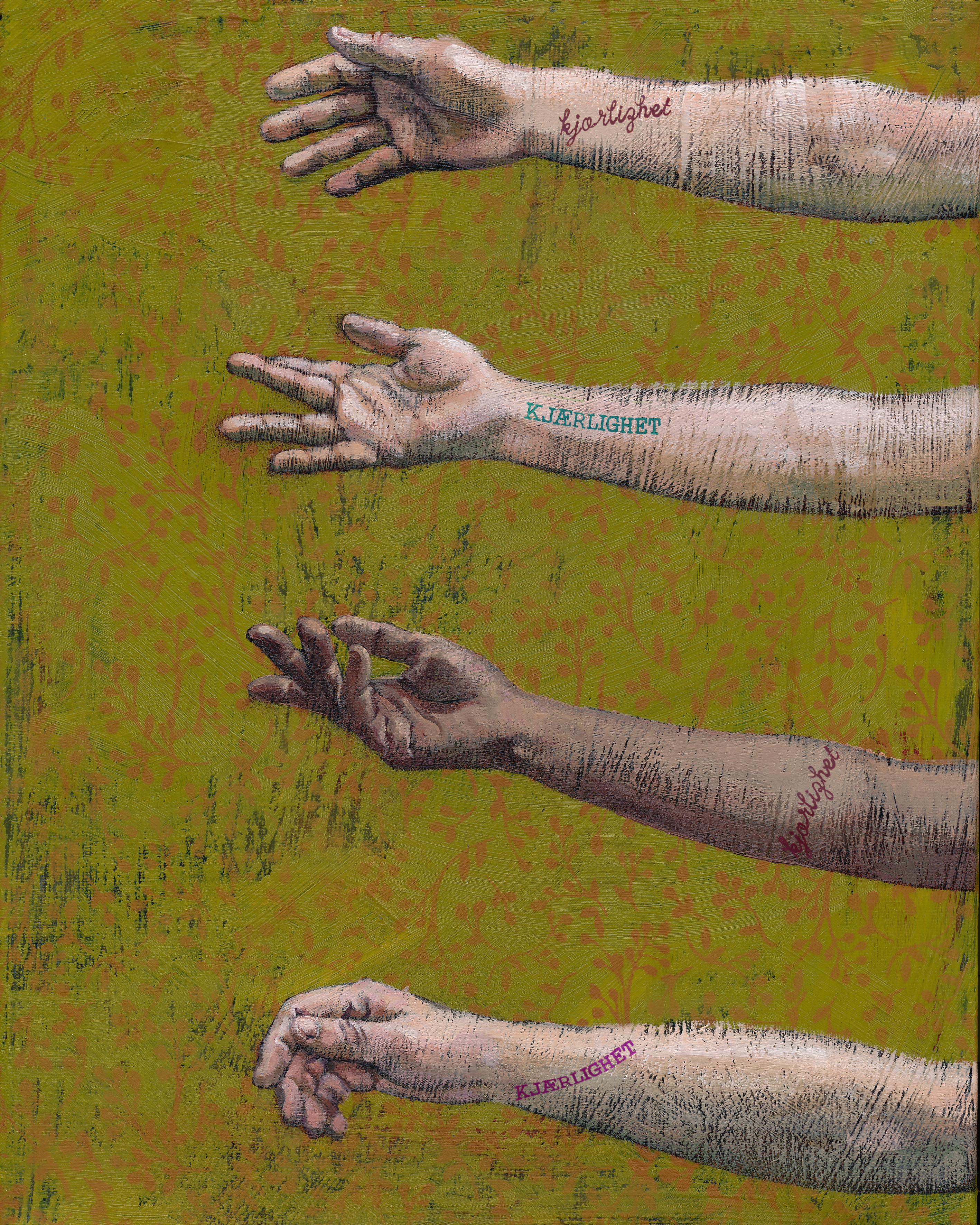 Four arms on a yellow background. Three of the arms have the text Love in red and one has the same word in green. Illustration