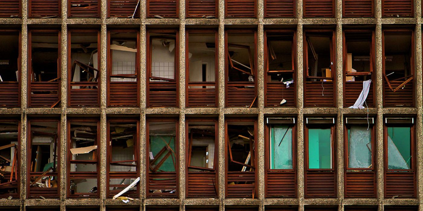 Broken windows. Dark wood color