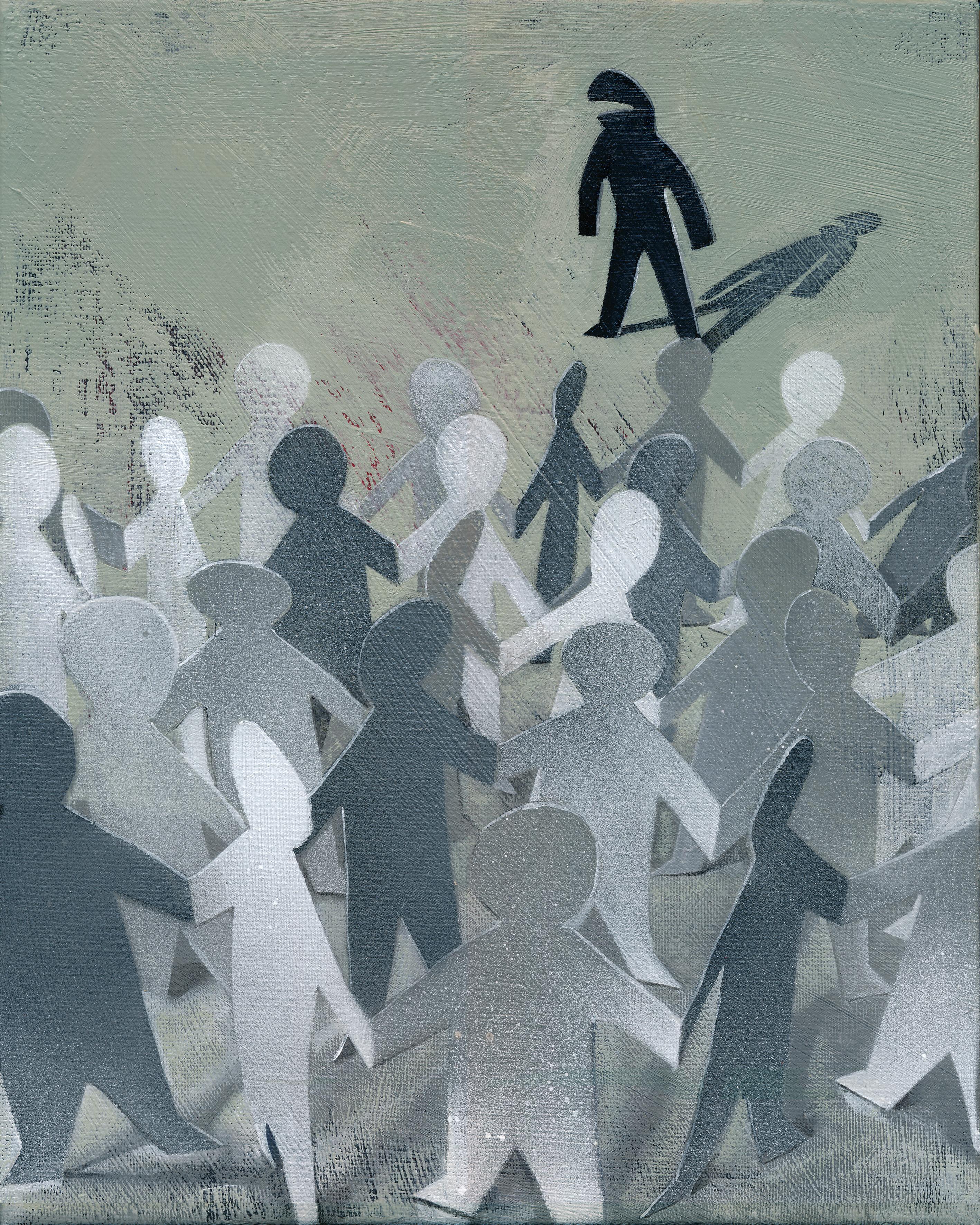 Drawing: Paper people in grey-white colour. A paper person in black standing with the "facing" towards the group. Grey-green background.