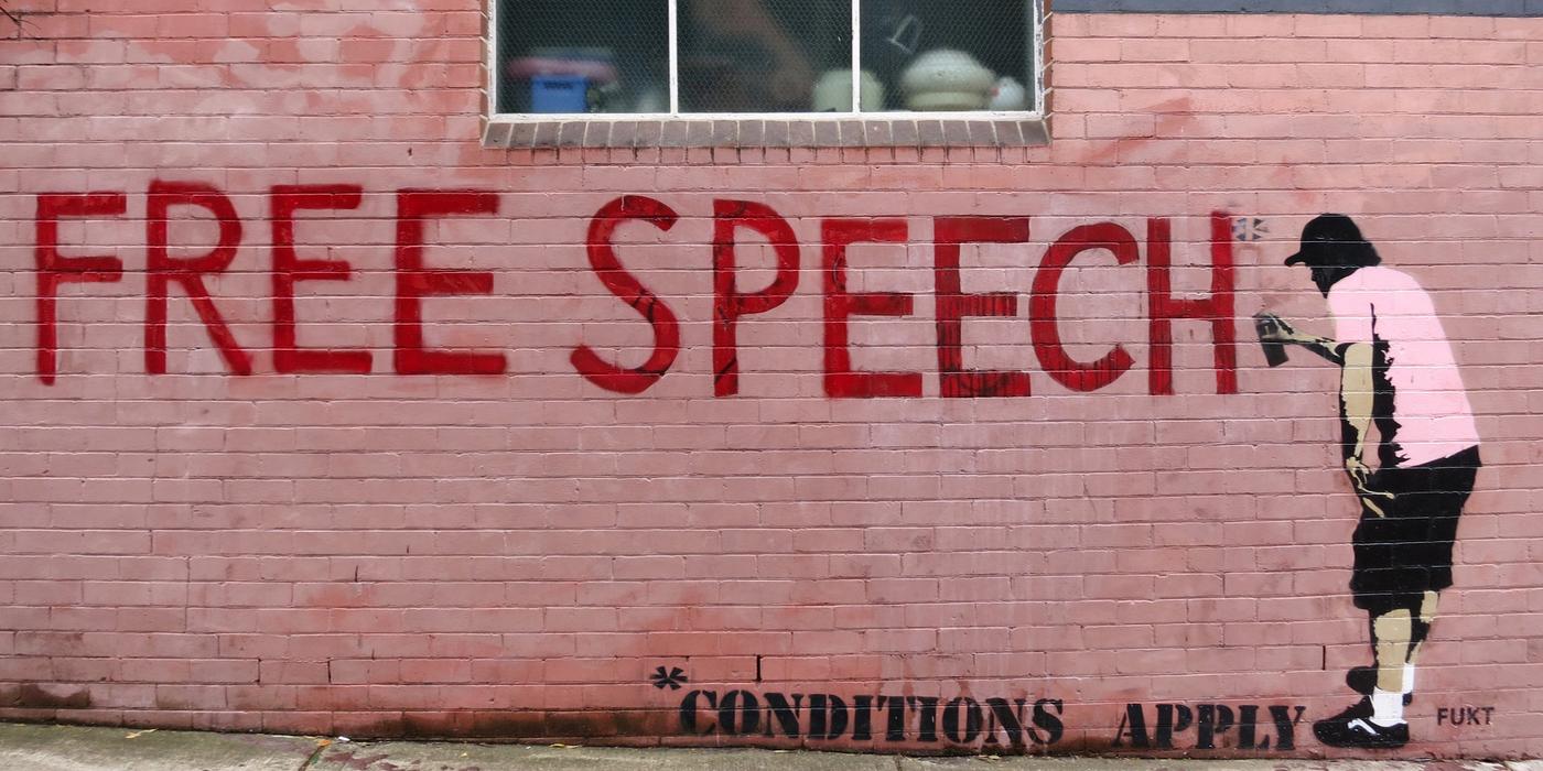 Street art with a picture of a person tagging the text "Free speech" on a pink background. It says: "Conditions apply".