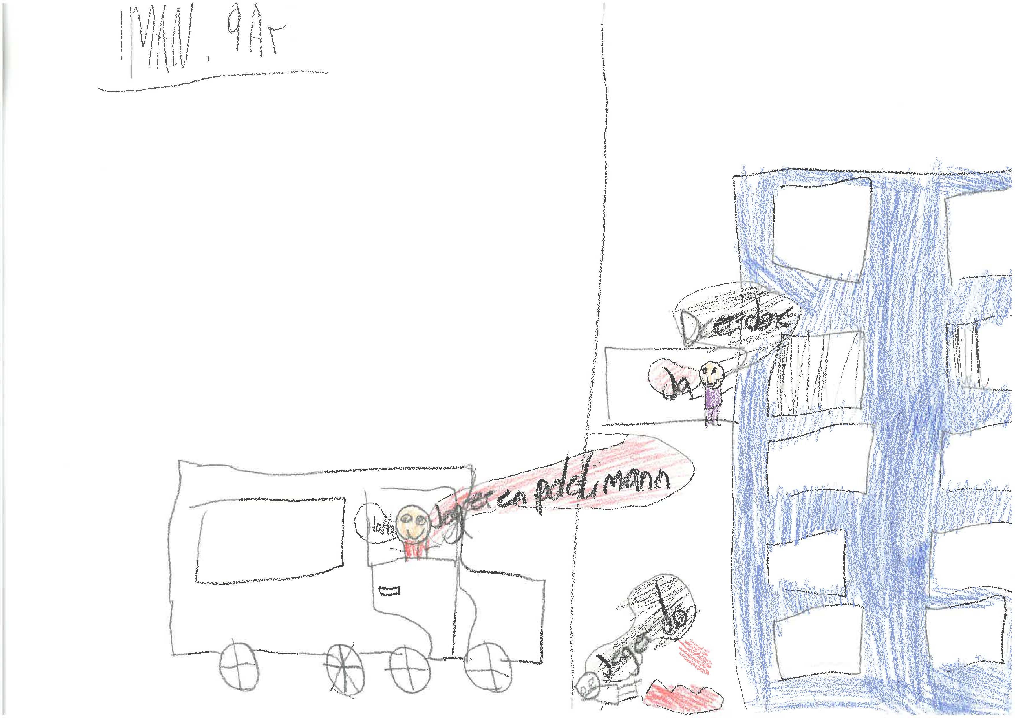 Barnetegning av en blå høyblokk og en bil men en figur som sier "jeg er en politimann".