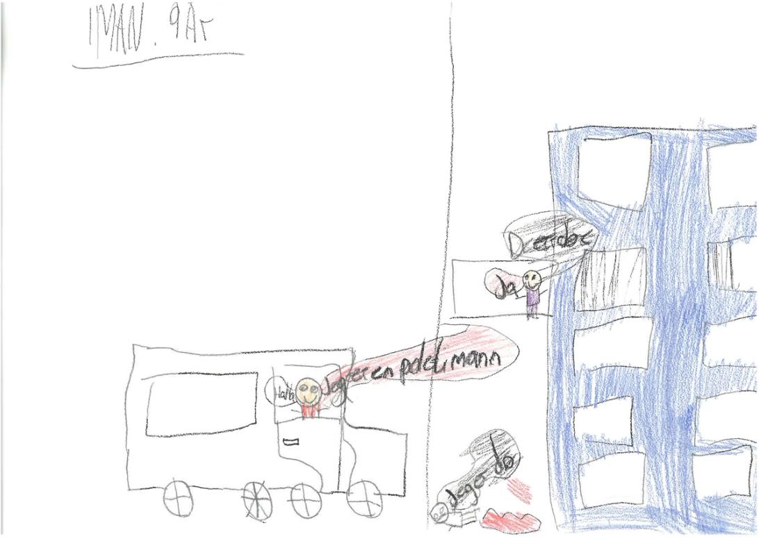 Barnetegning av en blå høyblokk og en bil men en figur som sier "jeg er en politimann".