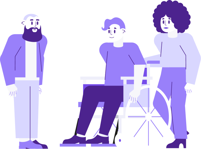 Illustration of three people in purple tones gathered in a group. The person on the left has close-shaved hair and a big beard. The person in the middle has short hair with bangs and sits in a wheelchair with the hand on one of the wheels. The person on the right has big curly hair, and stands behind the wheelchair. All are dressed in jacket/sweater, pants and shoes. 