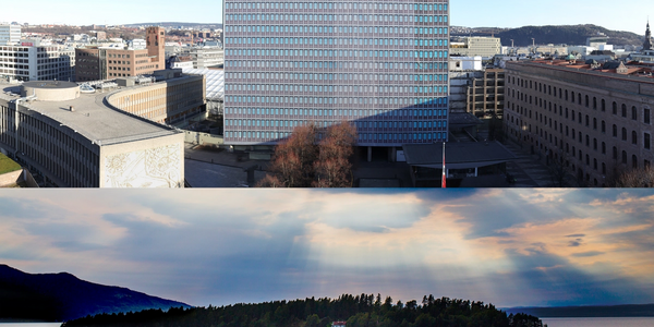 Todelt bilde der det øverste er et oversiktsbilde av Regjeringskvartalet med Høyblokka i fokus, og det nederste er et bilde av Utøya tatt fra avstand. Solen trenger gjennom himmelen og skaper en interessant stemning i bildet. 