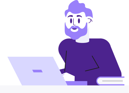 Illustration. Man in purple tones, with beard and long-sleeved sweater sits in front of computer.