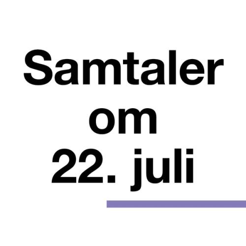 Logo for podkast er hvit med en lilla stripe med teksten Samtaler om 22. juli. 