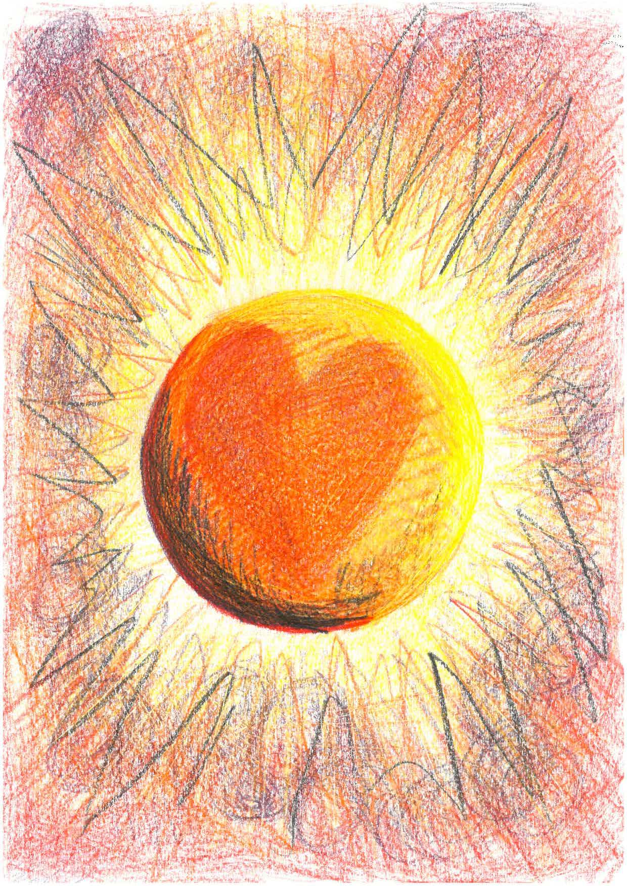 Tegning av et hjerte på en strålende sol i varme farger.