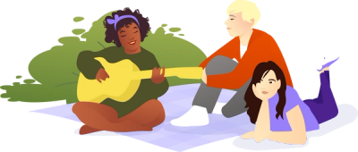 Illustration with three young people sitting on a small rock in the water. They are sitting on a purple blanket. One of the young people has a guitar in their arm, one is lying flat on their stomach with their chin resting in their hand, and one is sitting on their butt with one knee lifted and their arm around it.