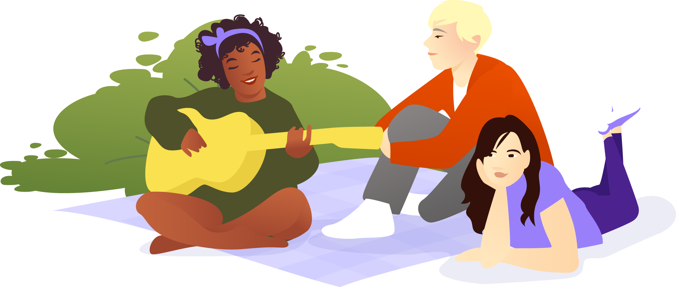 Illustration with three young people sitting on a small rock in the water. They are sitting on a purple blanket. One of the young people has a guitar in their arm, one is lying flat on their stomach with their chin resting in their hand, and one is sitting on their butt with one knee lifted and their arm around it.