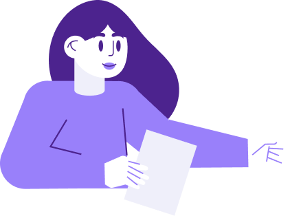 Illustration. A womanly figure in purple tones, with long dark hair, long-sleeved sweater. One arm reaches to the side whilst held low. The other arm holds a paper sheet, held towards the other arm.