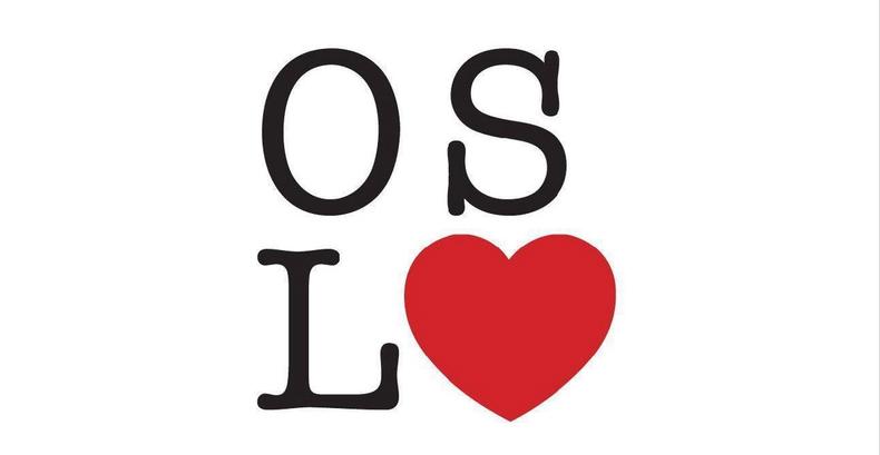 Illustration with the text OSLO, where the last letter is replaced with a red heart.
