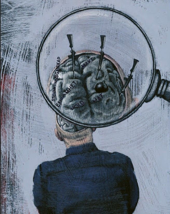 Drawing: Grey-white background. Man in blue shirt. Drawn brain with unreadable words. Magnifying glass that zooms in on brain hemispheres.