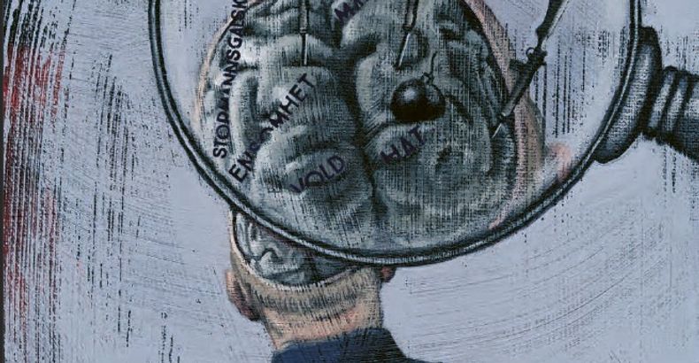 Drawing: Grey-white background. Man in blue shirt. Drawn brain with unreadable words. Magnifying glass that zooms in on brain hemispheres.