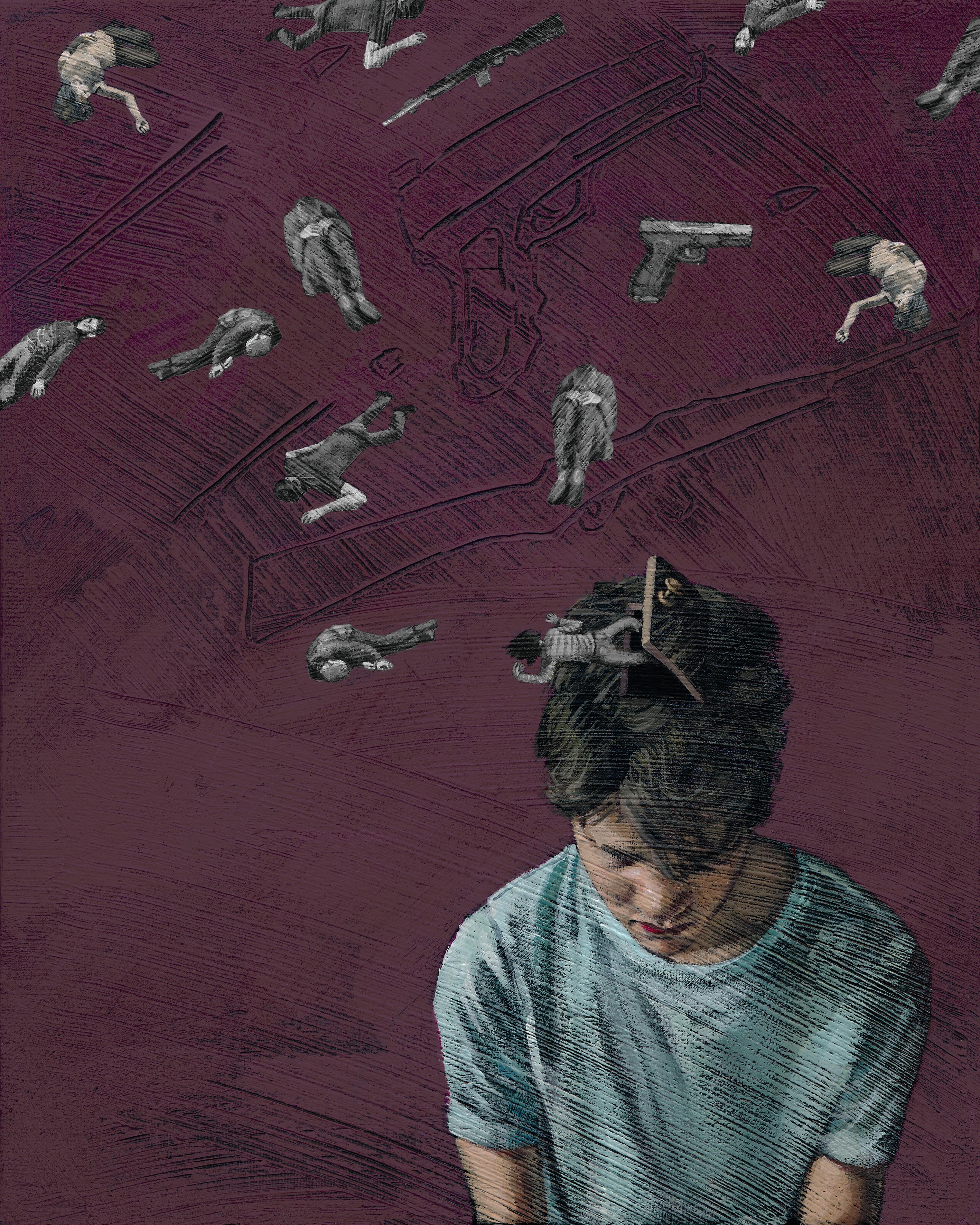 Tegning. Ung person ser ned i gulvet. Over hodet på personen er det små illustrasjoner av mennesker og våpen som svever rundt. 