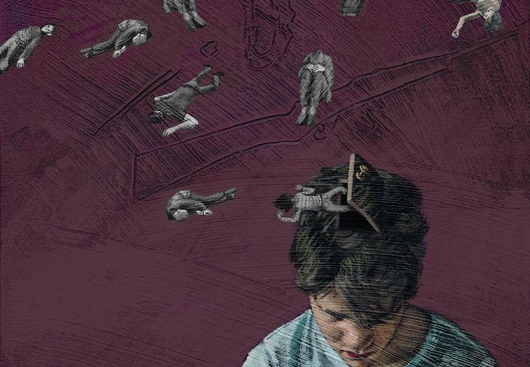 Drawing. Young person looks down at the floor. Above the person's head are small illustrations of people and weapons floating around.