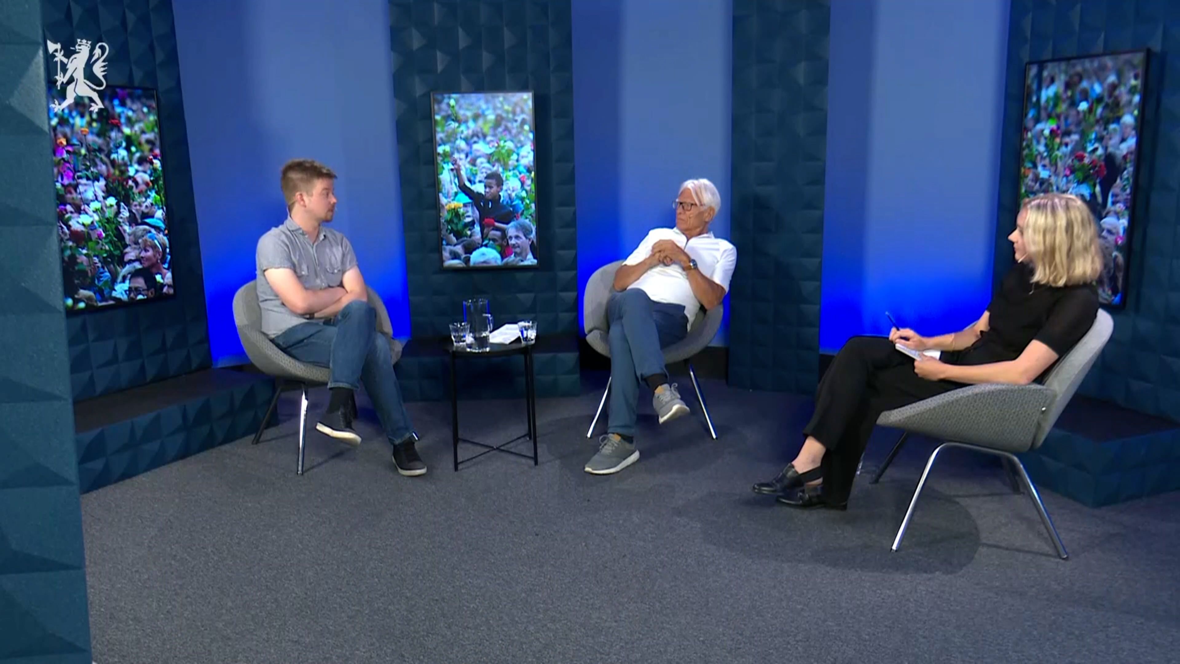 Three people sitting and talking to each other. Blue background with three images of crowd with roses.