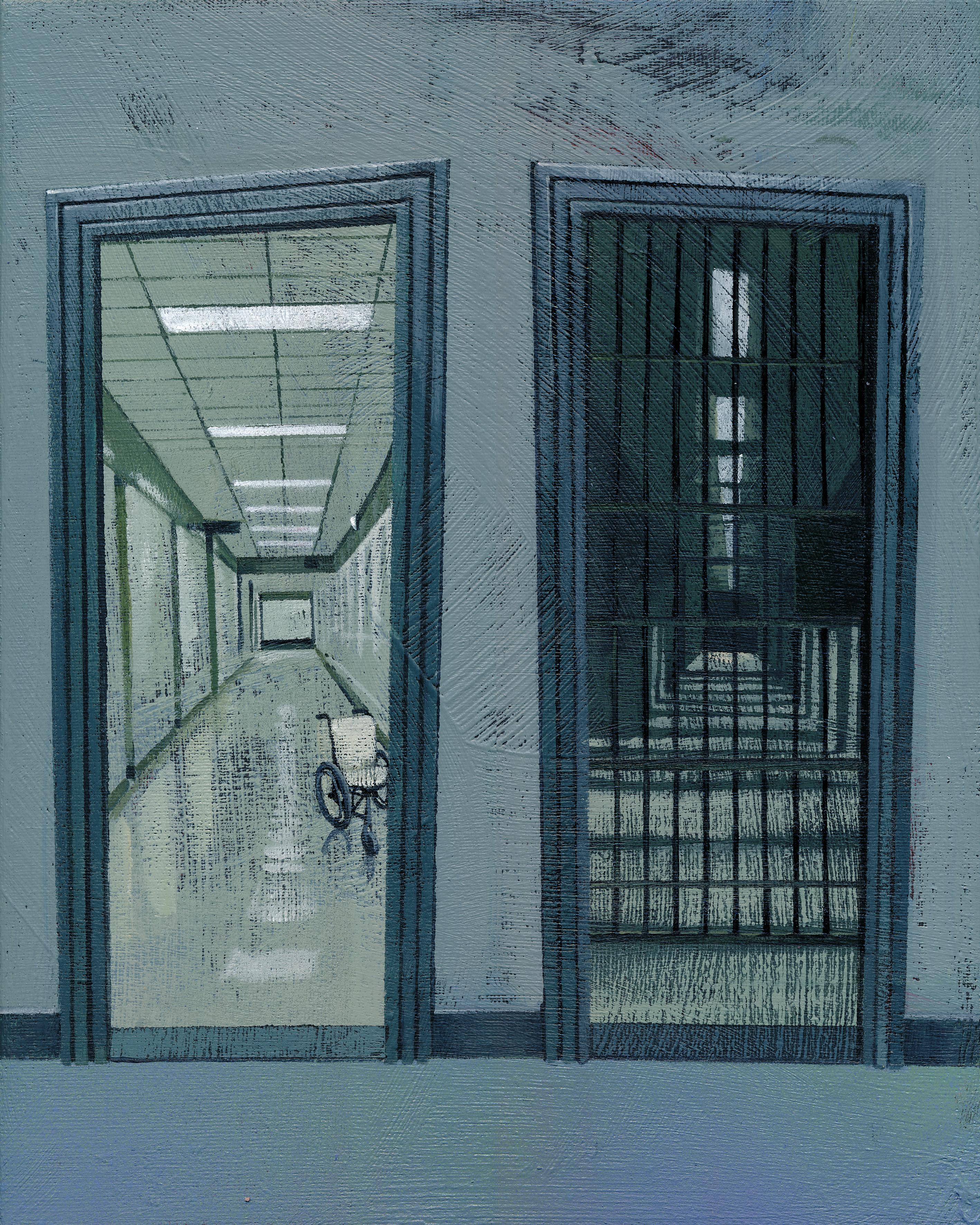 Tegning: To dører. Den ene leder inn i en lang gang. Den andre leder inn i en lang fengselsgang. Gråtoner.