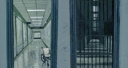 Drawing: Two doors. One leads into a long hallway. The other leads into a long prison corridor. Grayscale.