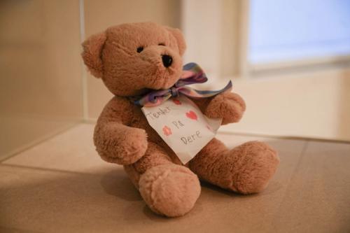 Brown teddy bear with a bow around the neck on which hangs a note with the text "Thinking of you". The teddy bear is in a glass case.