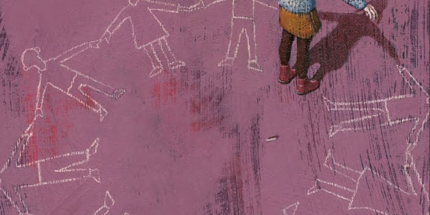  Drawing. Young person seen from behind stands with arms outstretched. On the ground, there are other people drawn in chalk who stand as the person. Pink-purple background