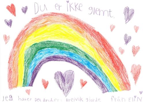 Regnbue med hjerter rundt. Tekst: Du er ikke glemt. Jeg hater det Anders Breivik gjorde. från Elin