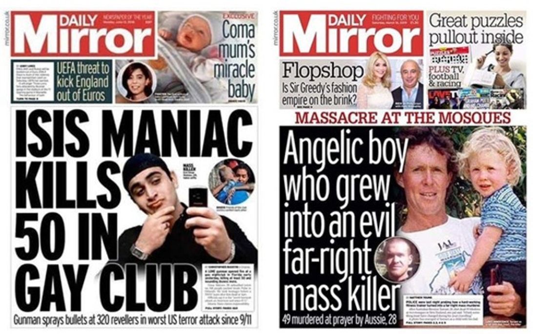 Two newspaper front pages from Daily Mirror with the text ISIS MANIAC KILLS 50 IN GAY CLUB and Angelic boy who grew into an evil far-right mass killer.