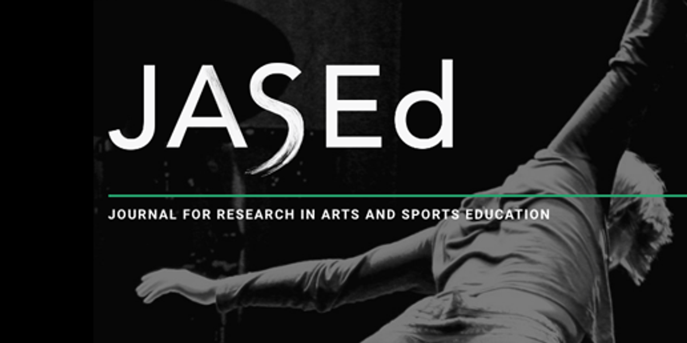 Plakat i sort-hvitt med skrift  "JASEd: Journal for research in arts and sports education". I bakgrunnen en danser med kort hår og åpne armer ses bakfra.