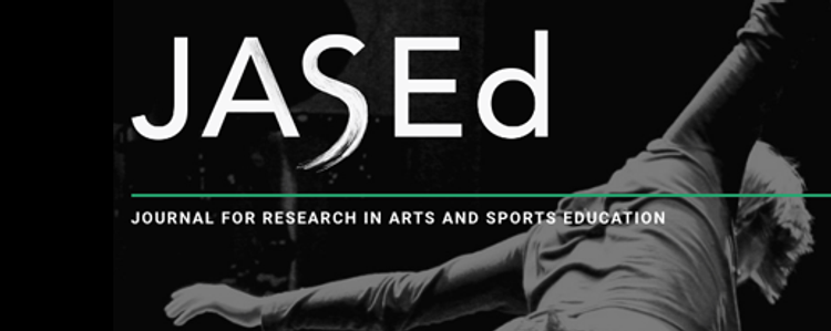 Poster in black and white with text "JASEd: Journal for research in arts and sports education". In the background a dancer with short hair and open arms is seen from behind.