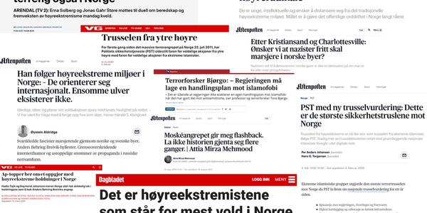 En samling av skjermklipp fra avissider som omhandler 22. juli og høyreekstremisme.