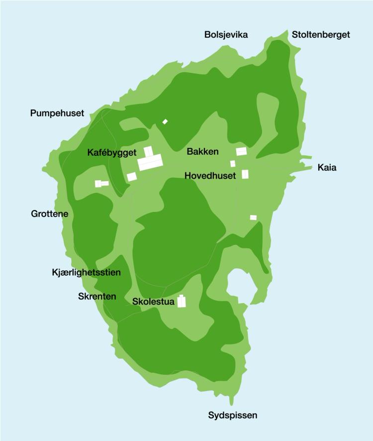 Blue background. Utøya in green. Some buildings marked in white. Place names: The slope, the love path, the caves, the Pumphouse, the Cafe building, the main house, Bakken, Bolsjevika, Kaia, Sydspissen, Skolestua
