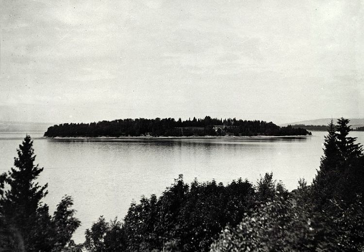 Black and white photo of a island in the middle of calm waters. The island has a forrest and some buildings. There are some bushes and trees in the foreground.