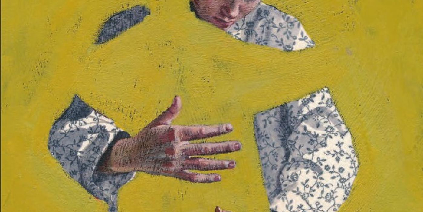 Drawing: A person gives a hug to a shadow that blends in with the background. The shadow and background are yellow. The person is dressed in grey-white clothes.