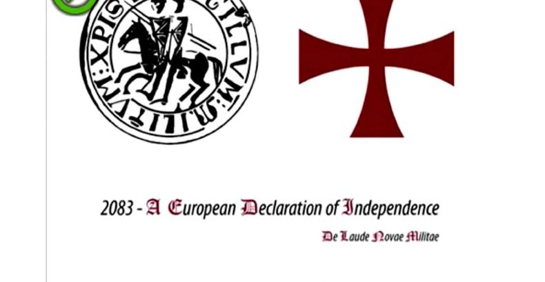 Screenshot from a digital document with the logo of the Triple Knight Order and a St. George's Cross. Headline "2083 - A European Declaration of Independence". Subtitle "De Laude Novae Militae", "by Andrew Berwick, London UK, 2011".
