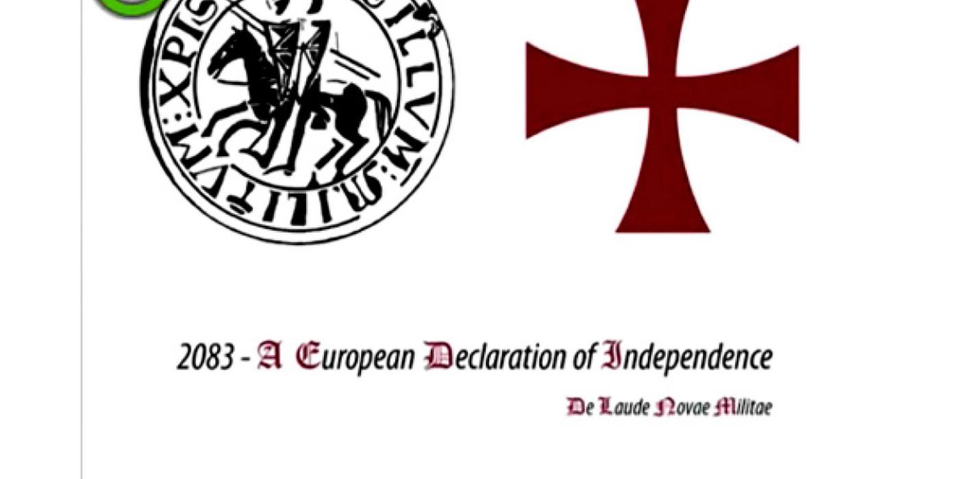 Screenshot from a digital document with the logo of the Triple Knight Order and a St. George's Cross. Headline "2083 - A European Declaration of Independence". Subtitle "De Laude Novae Militae", "by Andrew Berwick, London UK, 2011".