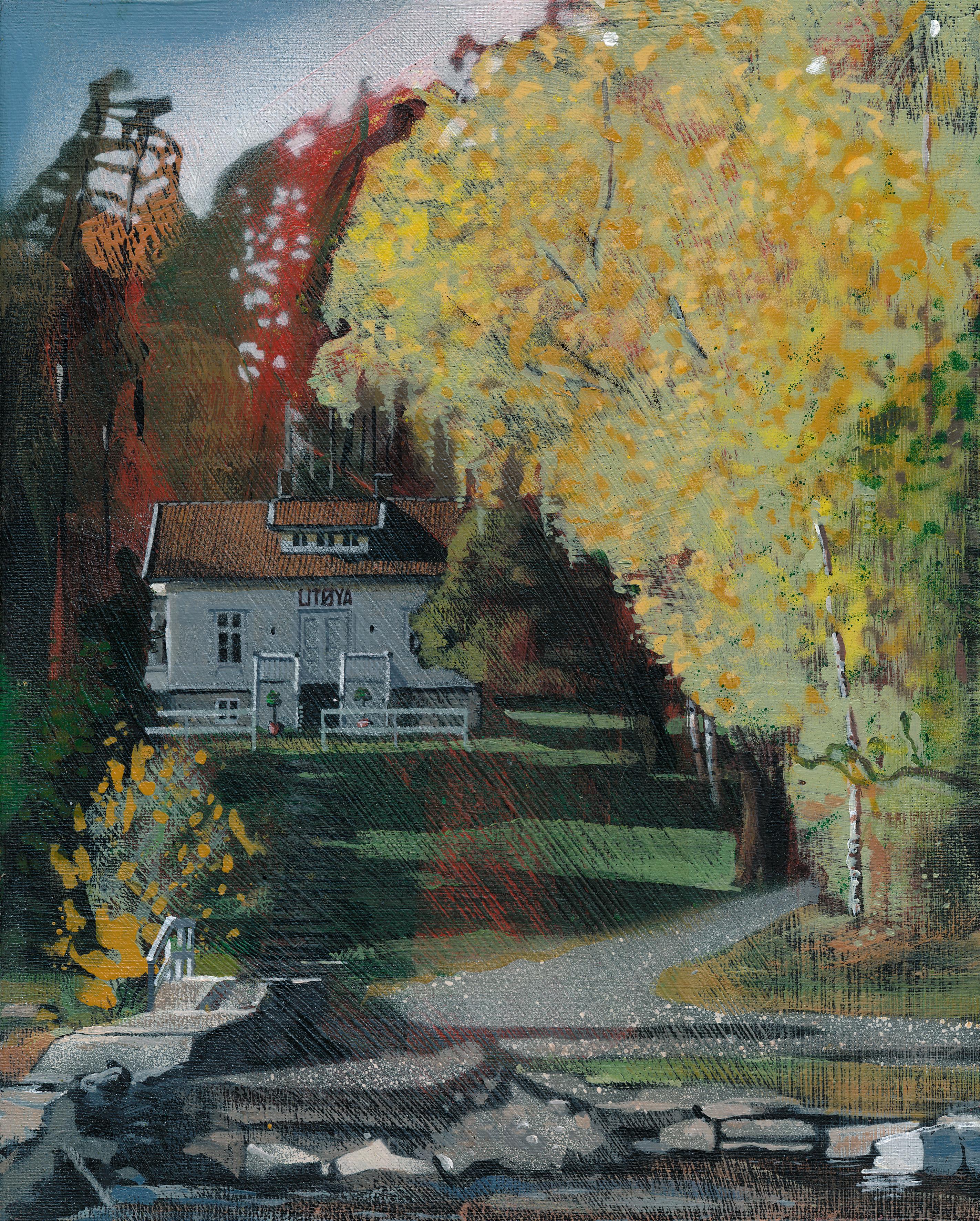 Drawing: Landscape with vegetation, trees in autumn colors, and a white house with a red roof in the middle. In the foreground we see the water's edge.