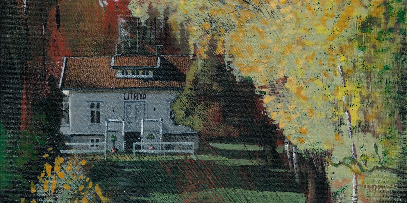Tegning:  Landskapsbilde med vegetasjon, trær i høstfarger, og et hvitt hus med rødt tak i midten. I forgrunnen ser vi vannkanten.