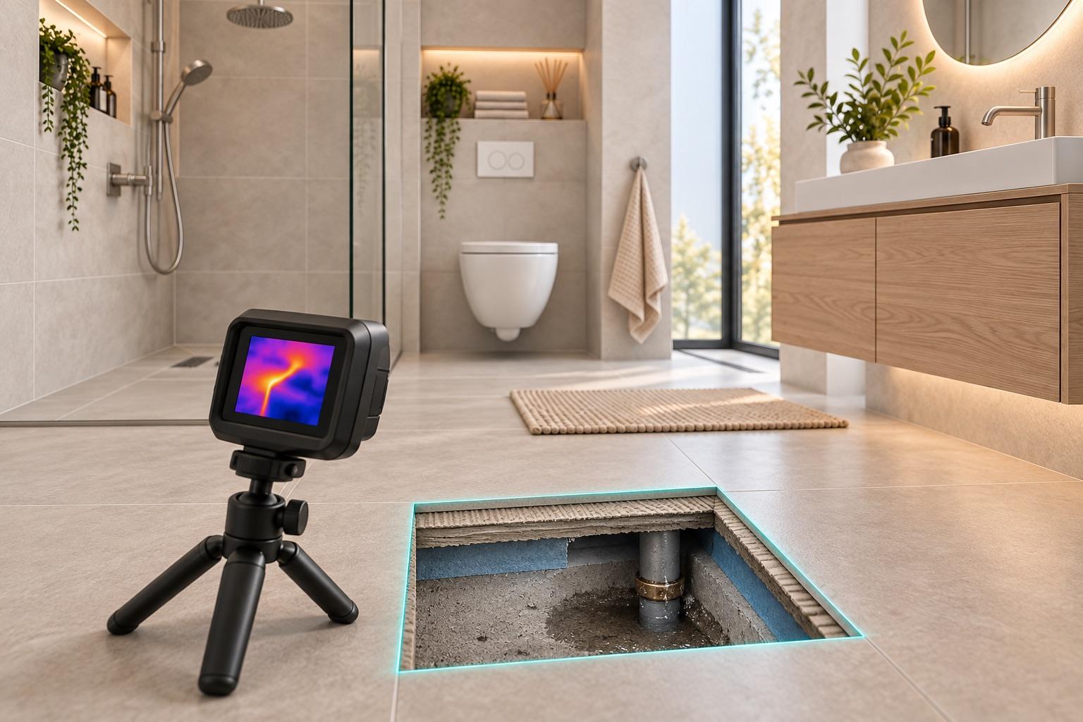Varmekamera på stativ rettet mot et utsnitt i badegulvet, der et rør med lekkasje ligger i påstøpen.
