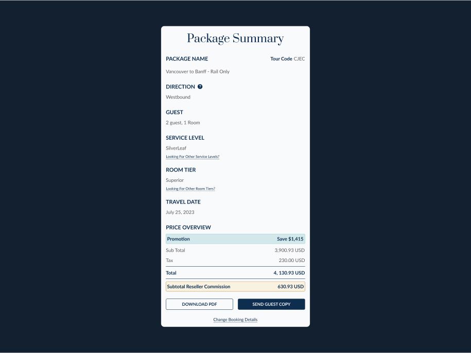 Rocky Mountaineer Agent Portal package summary