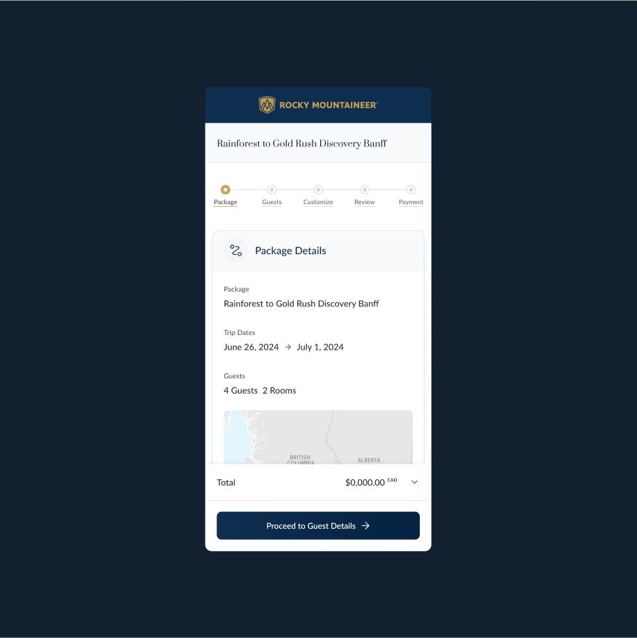 Rocky Mountaineer checkout design on mobile