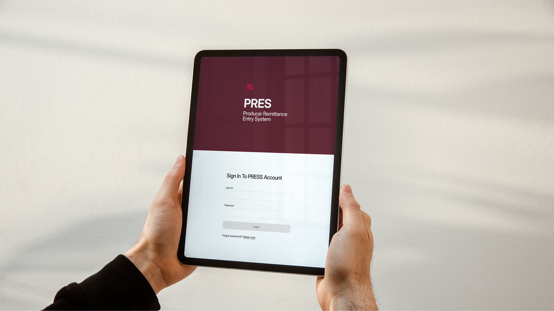 PRES Application login screen