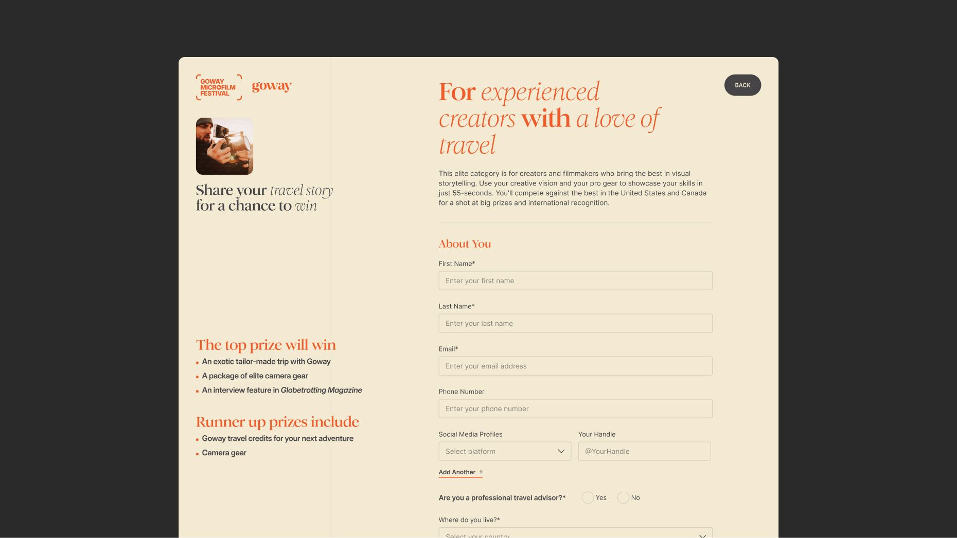 A competition entry form interface