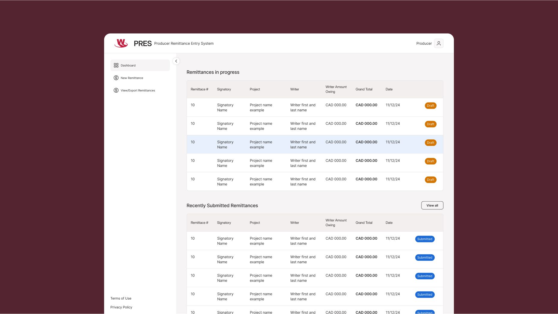 Writers Guild of Canada Remittances Overview Screen