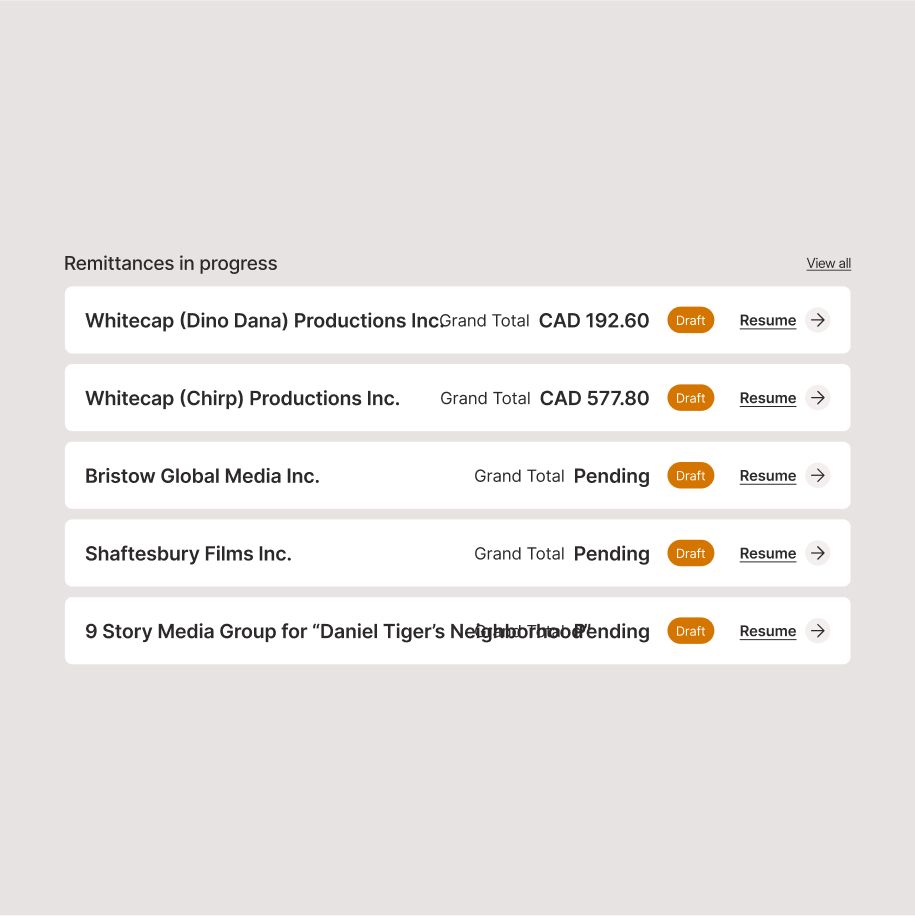 Writers Guild of Canada Remittances In Progress Listing Interface