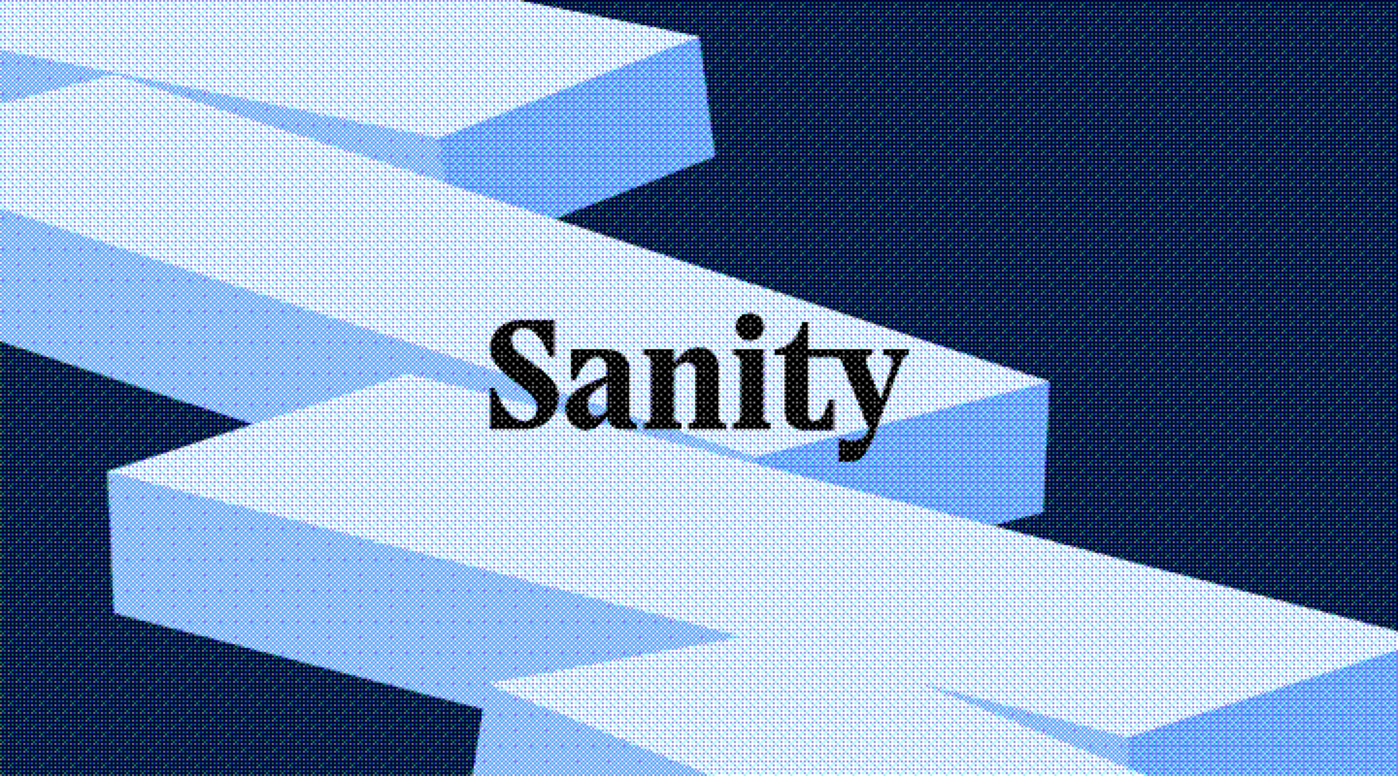 Black text "Sanity" on a dark blue pixelated background with light blue isometric geometric blocks.