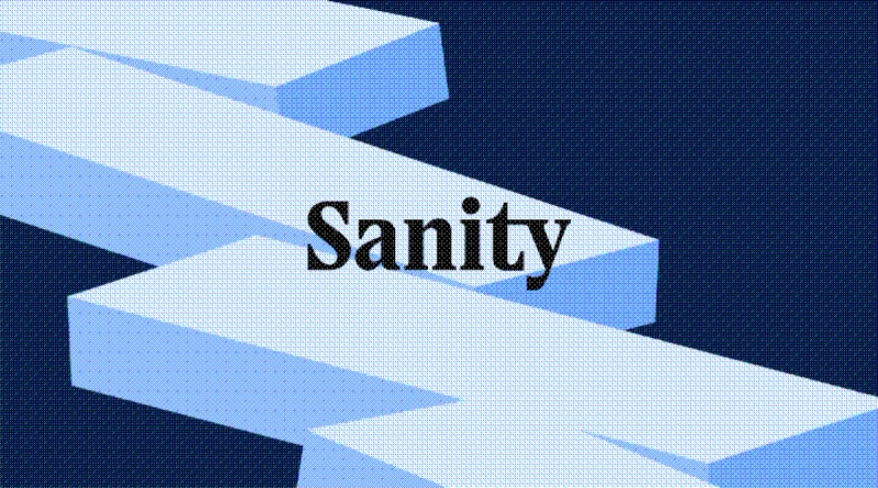 Black text "Sanity" on a dark blue pixelated background with light blue isometric geometric blocks.